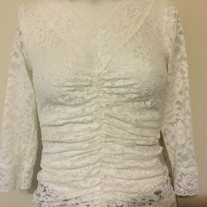 🛑MUST GO MOVING🛑 NWOT Karen Kane White Lace Sexy Sheer Stretch Top XS